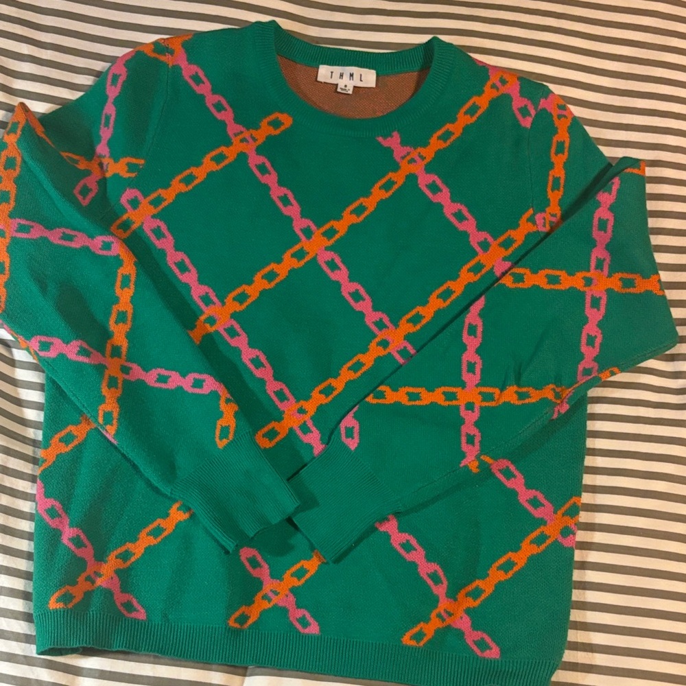 THML Green Sweater with Pink and Orange Chain Design.  EUC